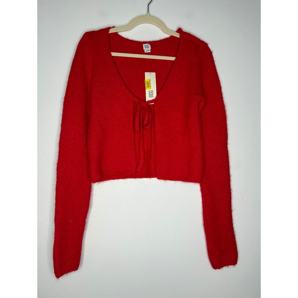 NWT BDG Red Cropped Tie Front Cardigan Wool Blend Size Large Fall Winter